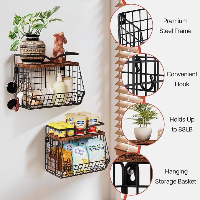 2 Pack Fruit Bowl Hanging Fruit Basket for Kitchen Counter ,Stackable Wire Baskets for Onion Storage and Potato Storage with Wood Lid,Vegetable Fruit Basket with Banana Hooks-CasaMuseHome
