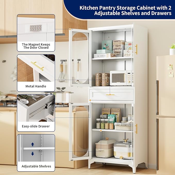 75” Tall Kitchen Pantry Storage Cabinet, Metal Storage Cabinet with 1 Drawer and Adjustable Shelves, Kitchen Pantry Cupboard, Freestanding Cupboard for Bathroom (White-4 Doors and 1 Drawer)-CasaMuseHome