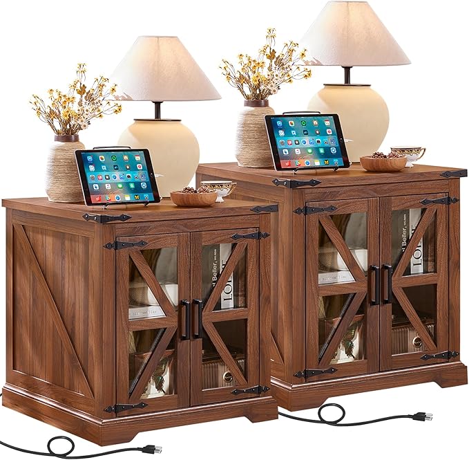 24" End Table Set of 2 with Charging Station, Farmhouse Night Stand with Glass Barn Door, Nightstands with Adjustable Storage Shelf, Large Wood Square Bed Side Table for Living Room,Bedroom-CasaMuseHome