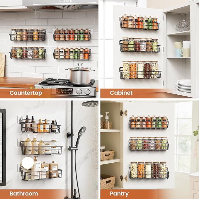 5 Pack Spice Rack Seasoning Organizer Wall Mount, Screw or Adhesive Hanging Shelf Basket Spice Organizer Shelf for Kitchen, Black-CasaMuseHome