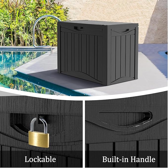 45 Gallon Lockable Resin Deck Box, Waterproof & UV-Resistant Outdoor Storage Box for Outdoor Cushion Storage, Garden Tools & Pool Accessories Storage, Black-CasaMuseHome