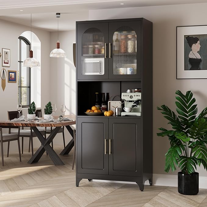 75" Tall Kitchen Pantry Cabinet, Metal Storage Cabinets with Acrylic Doors and Adjustable Shelves, Hutch Cabinet with Storage, Black Microwave Stand Cabinets for Dining Living Room-CasaMuseHome