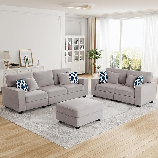 L Lengend Vansen Modular Sectional Sofa U Shaped Couch with Ottoman Modern Reversible Corner Sectional Couch for Living Room (Light Grey, 2+3 with Ottoman)-CasaMuseHome
