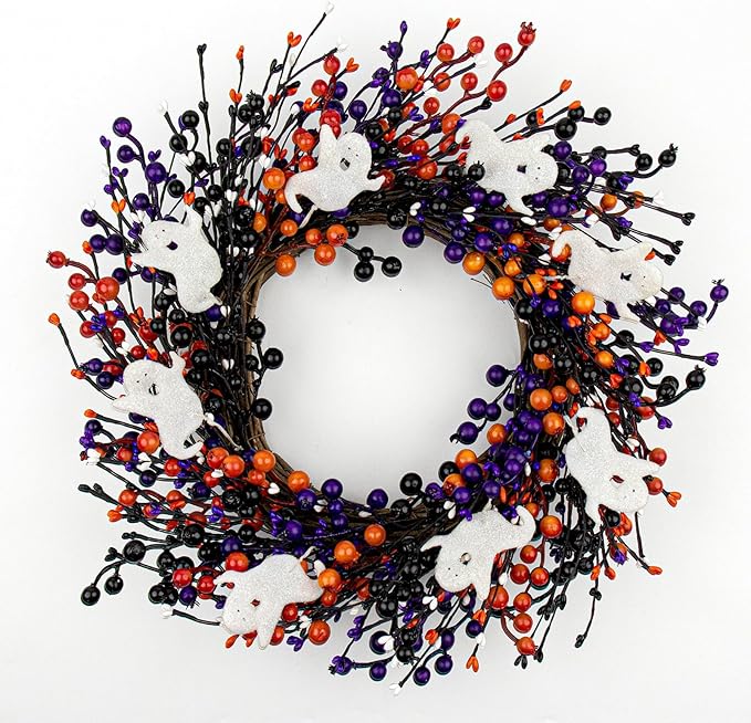 20-Inch Halloween Wreath - Handmade Orange & Black Berry Wreath with Adorable Mini Ghosts, Spooky Front Door Decor for Halloween Party-CasaMuseHome