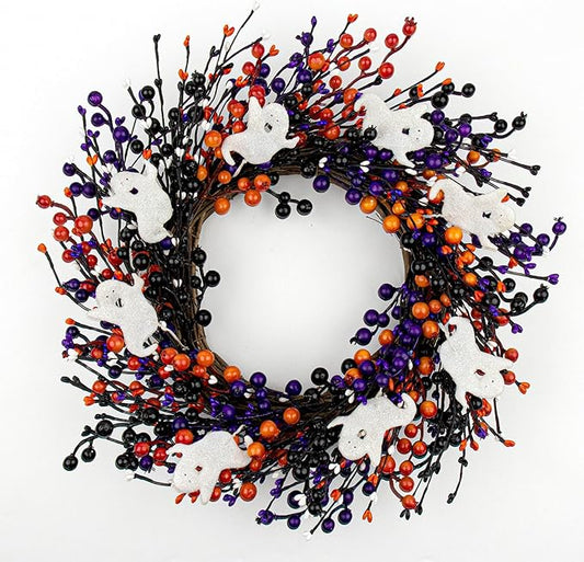 20-Inch Halloween Wreath - Handmade Orange & Black Berry Wreath with Adorable Mini Ghosts, Spooky Front Door Decor for Halloween Party-CasaMuseHome
