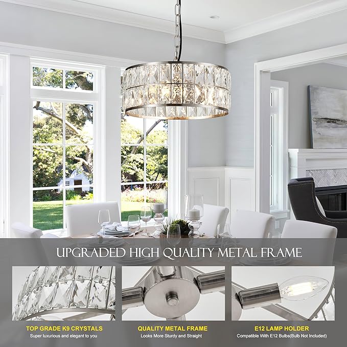 12” 3-Light Modern Crystal Chandeliers Nickel Dinning Room Light Fixture, Round Pendant Light Kitchen Island Chandelier, Flush Mount Ceiling Light for Living Room Entryway Bedroom Foyer-CasaMuseHome