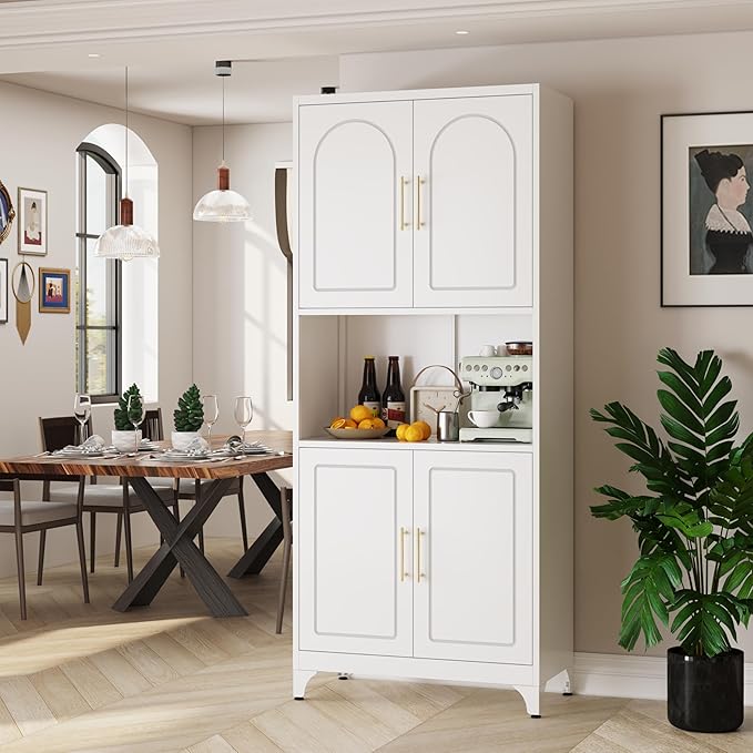 75" Tall Kitchen Pantry Storage Cabinet, Metal Storage Cabinets with 4 Doors and Adjustable Shelves，White Kitchen Hutch Cabinet with Microwave Stand, Large Cupboard for Dining Living Room-CasaMuseHome