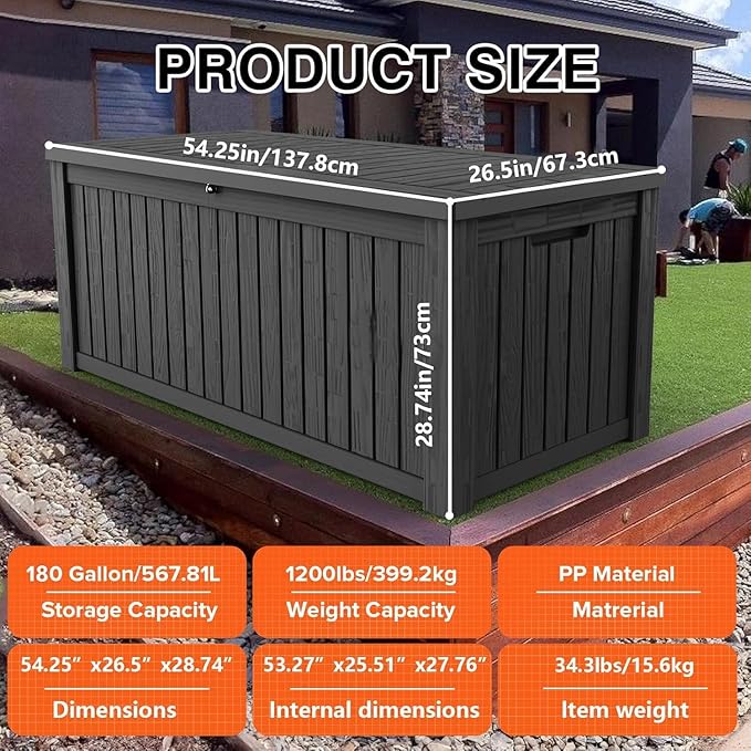 180 Gallon Outdoor Storage Box Waterproof Lockable Resin Deck Box Large, Patio Storage Bin for Pool Accessories Cushion Furniture, Garden Tools, UV-Resistant Outside Delivery Black-CasaMuseHome