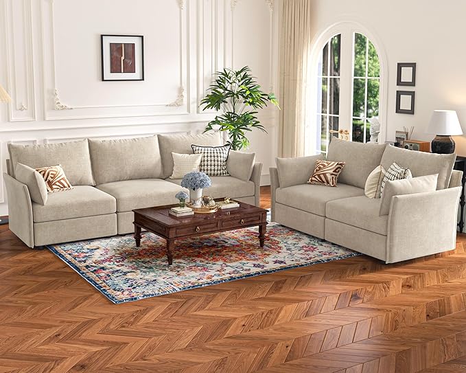 134.6" Modular Sectional Sofa, Oversized 4 Seater Couch with Removable Beige Chenille Fabric Cover, Deep Seat & High Backrest for Living Room, Office & Apartment-CasaMuseHome