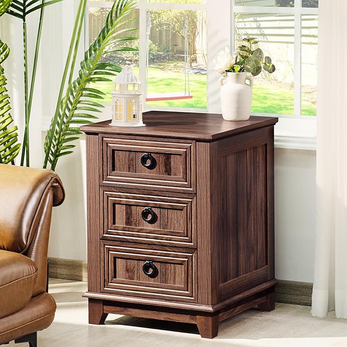 18" Farmhouse Night Stand with 3 Drawers, Wood End Table Dresser for Bedroom, Retro Nightstand, Bed Side Table with Metal Handle, Bedside Cabinet for Bedroom Living Room, Closet-CasaMuseHome