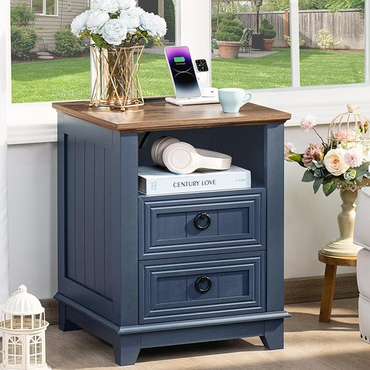 18" Farmhouse Night Stand with Charging Station, 2 Drawers End Table Dresser for Bedroom, Blue Wooden Nightstand, Bed Side Table with Open Shelf, Bedside Cabinet for Living Room, Closet-CasaMuseHome
