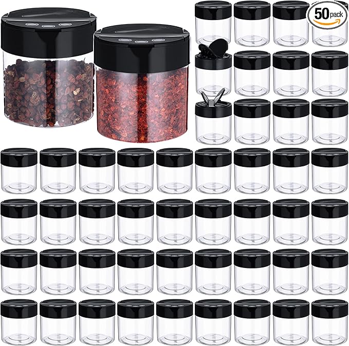 50 Pack 4.7 oz Plastic Spice Jars with Black Cap Empty Clear Plastic Spice Bottle Containers Reusable Seasoning Jars with Shaker Lids for Kitchen Storing and Dispensing Salt Powders-CasaMuseHome