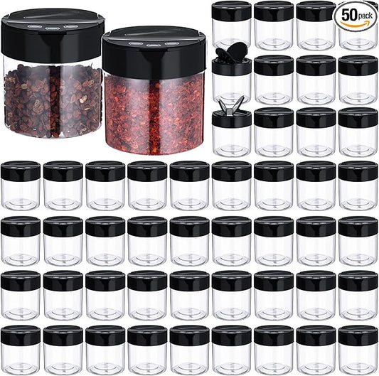 50 Pack 4.7 oz Plastic Spice Jars with Black Cap Empty Clear Plastic Spice Bottle Containers Reusable Seasoning Jars with Shaker Lids for Kitchen Storing and Dispensing Salt Powders-CasaMuseHome
