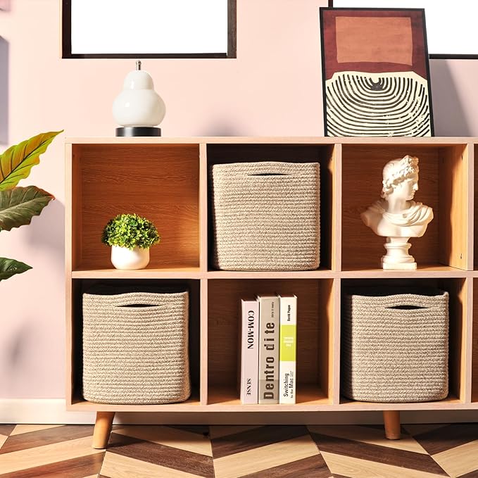11 Inch Cube Storage Bins, Storage Cube Organizer Bins, Woven Cotton Rope Baskets for Storage, Storage Basket for Organizing Shelves, Square Baskets for Toys Nursery, Brown (Pack of 3)-CasaMuseHome