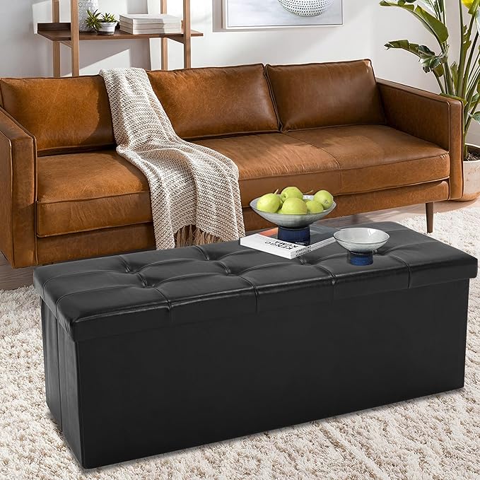 43 Inches Folding Storage Ottoman Bench, PU Leather Storage Chest, Footrest Padded Seat for Bedroom and Hallway, Holds up to 660 lbs, Black-CasaMuseHome