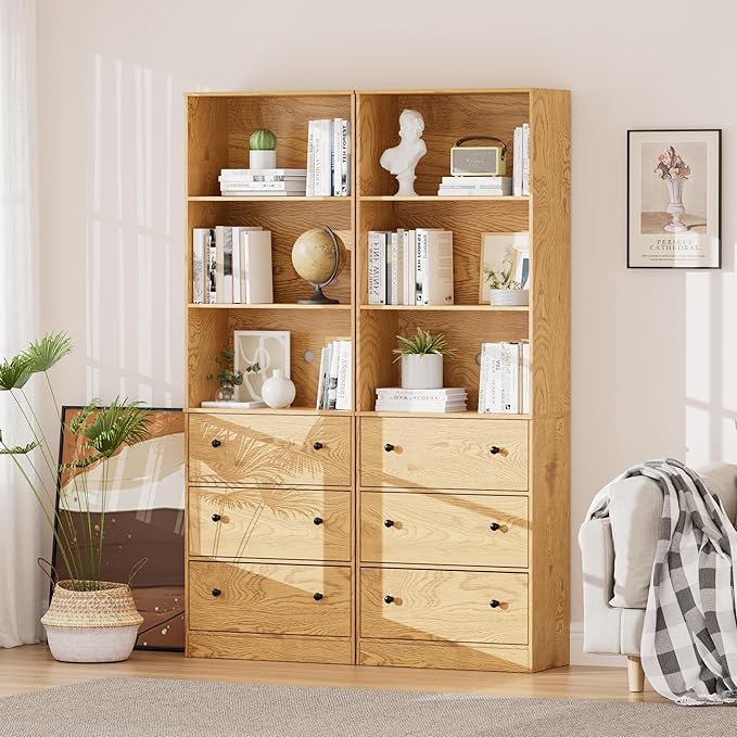 71" Tall Bookshelves Set of 2, Bookcases with Drawers, Bookshelves with Storage, Wooden Bookshelf with 3 Drawers & 3-Tier Open Shelves,Home Decor Furniture for Living Room,Bedroom,Home,Natural-CasaMuseHome