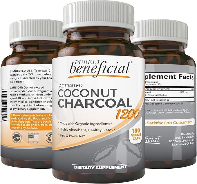 Activated Coconut Charcoal 1200mg, 180 Capsules - Pills for Digestive System, Bloating, Vegan (1bottle)-CasaMuseHome