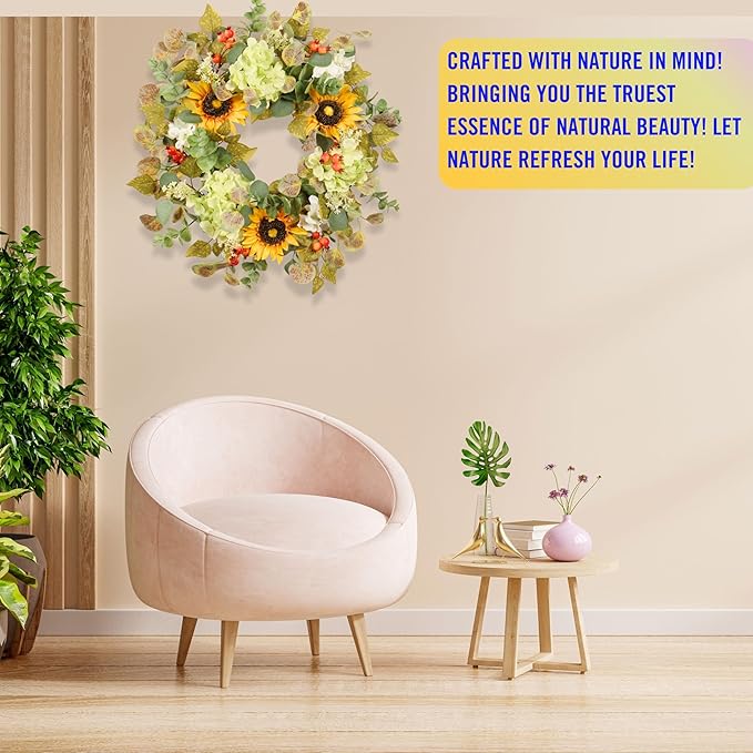 20IN Sunflower Wreath for Front Door Summer Hydrangea Wreath with Eucalyptus Leaves Orange Berries Farmhouse Door Decor for Easter, Mother’s Day, Indoor Outdoor Seasonal Wall Hanging-CasaMuseHome