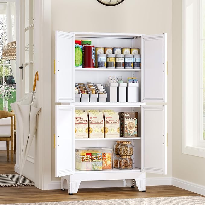 47.25" Metal Pantry Cabinet, Storage Cabinets with 4 Door and 2 Adjustable Shelves, White Bathroom Cabinet, Freestanding Cupboard for Kitchen Dining Living Room Bathroom-CasaMuseHome