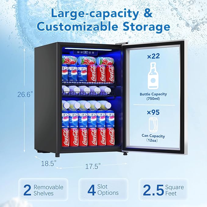 2.5 Cu.Ft Beverage Fridge, Mini Fridge With Glass Door, Beverage Cooler Refrigerator, Wine Drink Beer Cooler, Adjustable Shelves & Digital Temperature Display, 22 Bottle 95 Can-CasaMuseHome