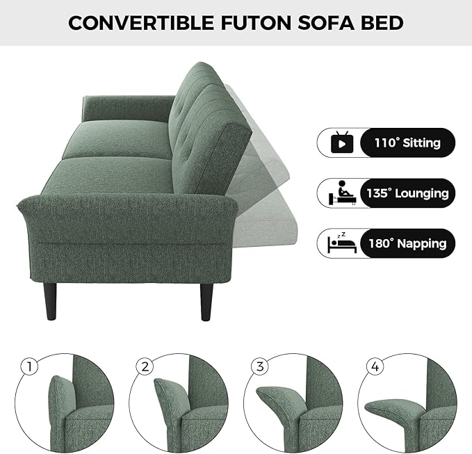 89” Futon Sofa Bed, Linen Comfy Futon Couch Bed with 2 Square Pillows, Convertible Sleeper Sofa with Adjustable Backrest& Armrests, Modern Loveseat Sleeper for Living Room, Bedroom, Green-CasaMuseHome