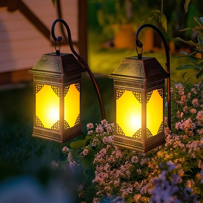 14" Solar Lanterns Outdoor Waterproof, Glass Flickering Flame Solar Lantern, Hanging Metal Lantern Decorative for Patio Front Porch Garden Backyard Tabletop Party Decoration-CasaMuseHome