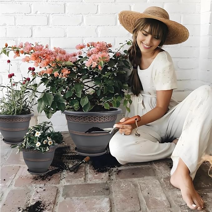 6 Pack 8 Inch Plant Pots, Plastic Flower Pot for Indoor & Outdoor with Drainage Holes & Saucer, Plaid Pattern Planters Garden Pots for Herbs-CasaMuseHome