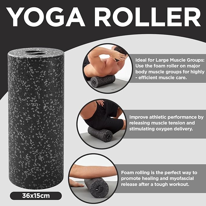 5 in 1 Foam Roller Set with Peanut Massage Ball, Curved Muscle Brush - Yoga Roller, Massage Ball, Trigger Point Triangle for Deep Tissue Relief (Black Gray)-CasaMuseHome