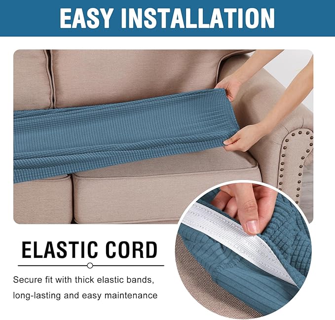 H.VERSAILTEX Super Stretch Individual Seat Cushion Covers Sofa Covers Couch Cushion Covers Slipcover Sets Thick Jacquard Textured Twill Fabric (1 Piece Loveseat Cushion Cover, Dusty Blue)-CasaMuseHome