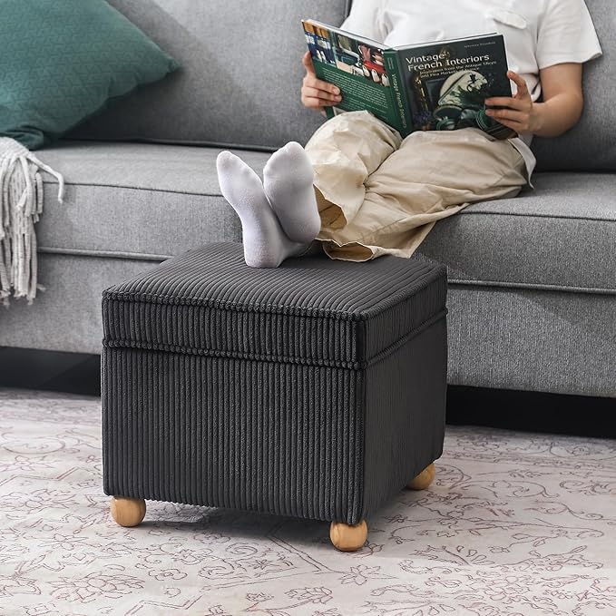 Adeco 17 Inch High Striped Flannel Black Cube Ottoman Storage, 3D Embossed Velvet Chair Foot Stools, Upholstered Vanity Stool with Hinged Lid, Solid Round Wood Legs-CasaMuseHome