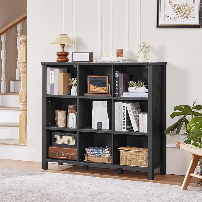 9 Cube Bookcase, Farmhouse 47 Inch Wide Black Bookshelf, Wooden 3 Tier Display Large Open Book Shelf, Vintage Horizontal Book Case for Home Office, Cubby Storage Cabinet for Living Room-CasaMuseHome