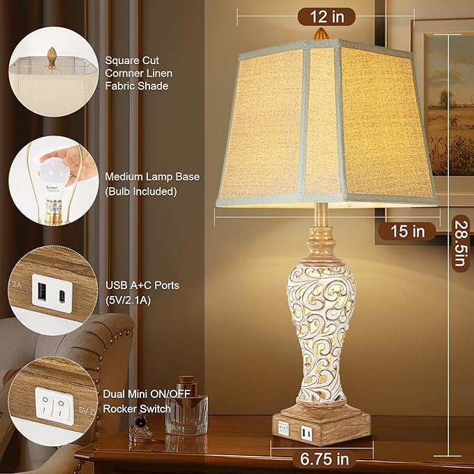 28.5" Rustic Table Lamp Set of 2 For Living Room Farmhouse Lamps for Bedroom, Bedside Lamps with Night Lights And USB C+A Charging Ports for Decor Office Study Hotel (Bulbs Included)-CasaMuseHome