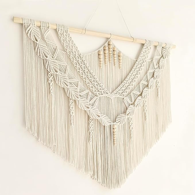 Achart Macrame Wall Hanging Large- Boho Wall Decor- large wall art- Wall Decor Living Room- Macrame Tapestry Boho Decor for Bedroom (Leaf &Wood Bead)-CasaMuseHome
