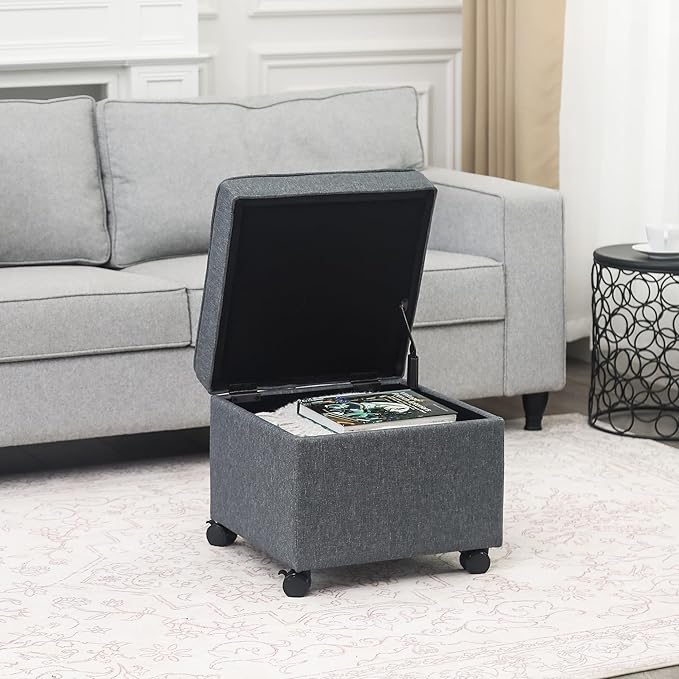 Adeco 17.5" Square Fabric Ottoman with Storage, Upholstered Cotton Linen Foot Rest, Flip Top Footstool, Small Cube Coffee Table Extra Seat for Living Room, Bedroom, Grey with Rolling Legs-CasaMuseHome