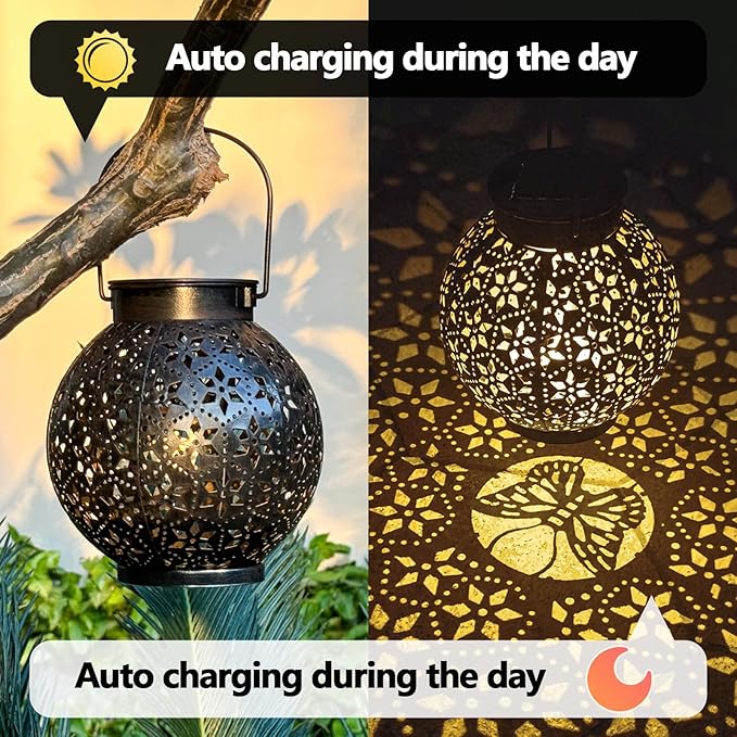 2 Pack Outdoor Solar Lantern Lights, Waterproof Tabletop LED Moroccan Lanterns, Hanging Metal Decorative Garden Lights for Patio, Lawn, Porch, Backyard-CasaMuseHome
