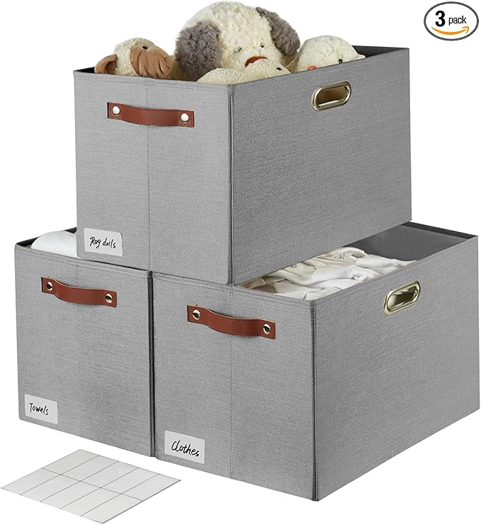 3-Pack Foldable Fabric Storage Bins with Durable PU & Metal Handles, Collapsible Storage Baskets for Shelves, Home Storage, Closet Organizers, Living Room(17"x11.8"x11.8", Grey)-CasaMuseHome