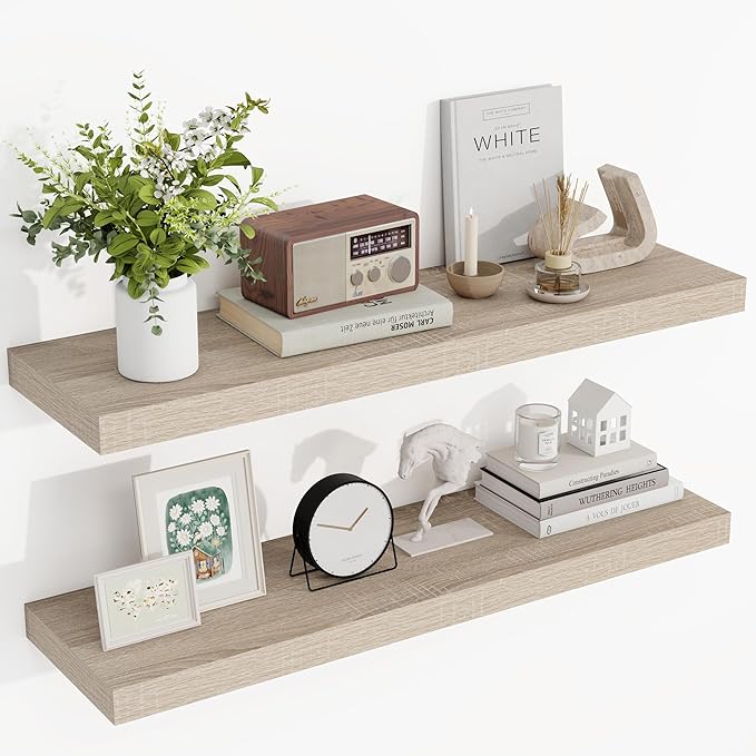 36 Inch Floating Shelves, 3D Textured Wood Grain, 36"x9.25"x1.5" Inch Deep Floating Shelves for Wall, Wooden Shelves for Bathroom, Bedroom, Living Room, Vintage White Oak-CasaMuseHome