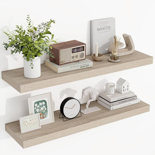 36 Inch Floating Shelves, 3D Textured Wood Grain, 36"x9.25"x1.5" Inch Deep Floating Shelves for Wall, Wooden Shelves for Bathroom, Bedroom, Living Room, Vintage White Oak-CasaMuseHome