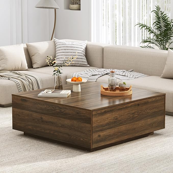43” Square Coffee Table with Storage, Modern Large Square Center Table with 2 Drawers, Wood Coffee Table for Living Room, Walnut-CasaMuseHome