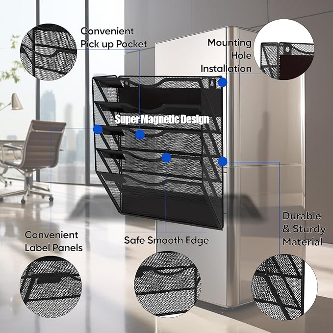 5-Tier Magnetic File Holder, No Drilling Installation File Cabinet Organizer, Black Magnetic File Organizer, Magazine Rack, Magnetic Paper Holder for Refrigerator, File Cabinets, Whiteboard-CasaMuseHome
