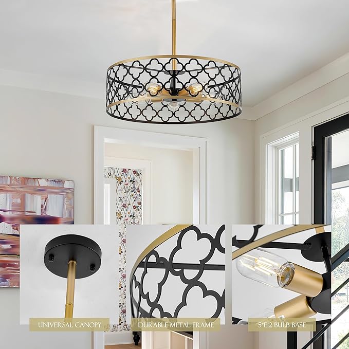 5-Light Drum Chandeliers for Dining Room,19.7" Rustic Farmhouse Dining Room Light Fixture, Black&Gold Metal Hanging Pendant Light for Living Room Bedroom Kitchen Entryway Foyer-CasaMuseHome