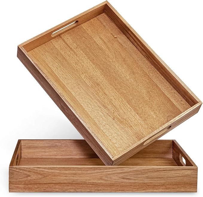 Acacia Wood Serving Tray with Handles Set of 2 – Decorative Serving Trays Platter for Breakfast in Bed, Lunch, Dinner, Patio, Ottoman, Coffee Table, BBQ, Party –Great for Lap &Couch-CasaMuseHome