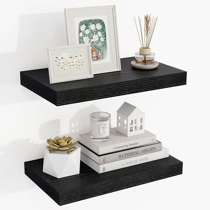 16 Inch Floating Shelves, 16"x9.25"x1.5" Inch Deep Floating Shelves for Wall, Wooden Shelves for Bathroom, Bedroom, Living Room, Black-CasaMuseHome