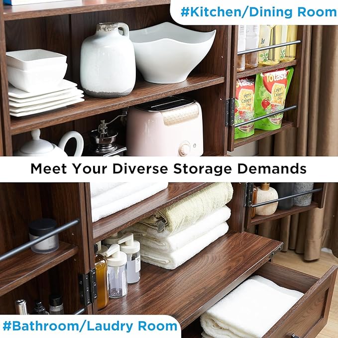 72‘’ Farmhouse Kitchen Pantry Cabinet with Drawer, Tall Storage Cabinet with 2 Barn Doors and Shelves, Versatile Large Rustic for Dining Room, Bathroom, Living Room, Laudry, Brown-CasaMuseHome