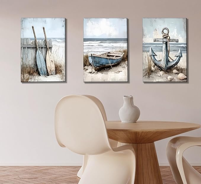 3Pcs Coastal Beach Canvas Wall Art Sailboat Paddle And Anchor Paintings Pictures Wall Decor Nautical Posters Prints Artwork Suitable for Living Room Bedroom Home Office Corridor Home Decroation-CasaMuseHome