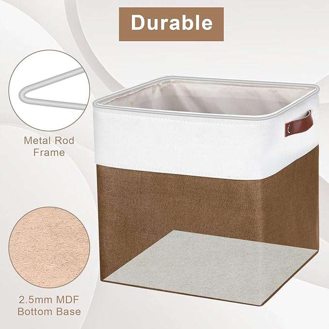 13x13 Cube Storage Bins, Collapsible Fabric Storage Box, 4 Pack Closet Baskets with Handles for Organizing, Shelf, Toys, Clothes, Home, Office, Nursery (Brown&White)-CasaMuseHome