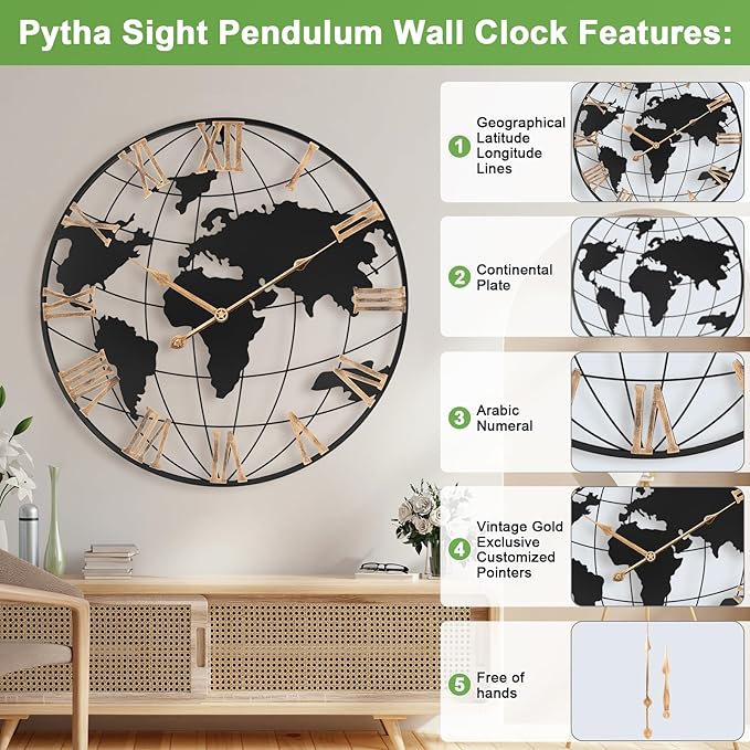 20 Inch Large Wall Clock for Living Room Decor,Big Modern Decorative Silent World Map Metal Wall Clock with Vintage Gold Roman Numeral for Office,Living Room,Kitchen,Dining Room-CasaMuseHome