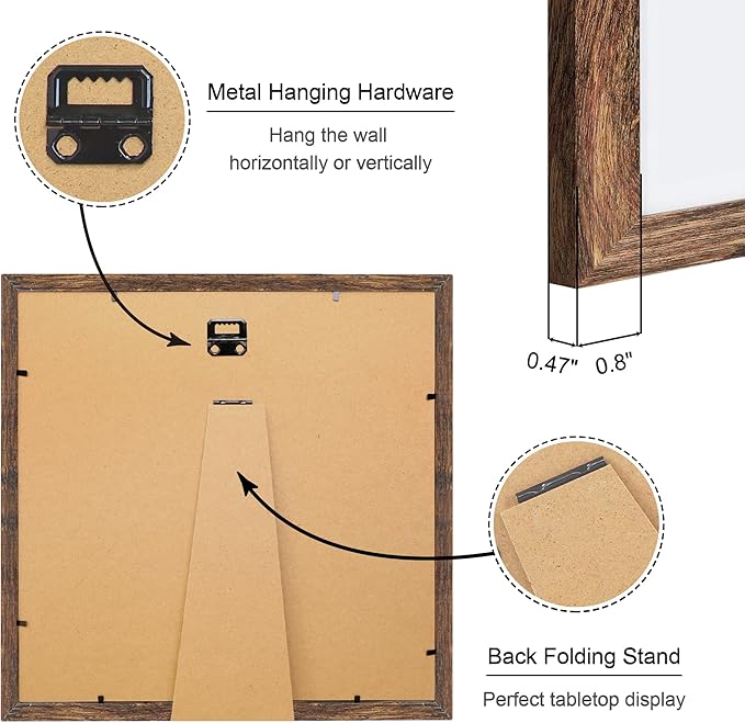 12x12 Picture Frame Set of 4, 12 x 12 Wood Photo Frames with Mat for 10x10 or 30x30cm Diamond Painting Art, Wooden Frame with Real Glass Cover for Wall and Tabletop Display,Rustic Brown-CasaMuseHome