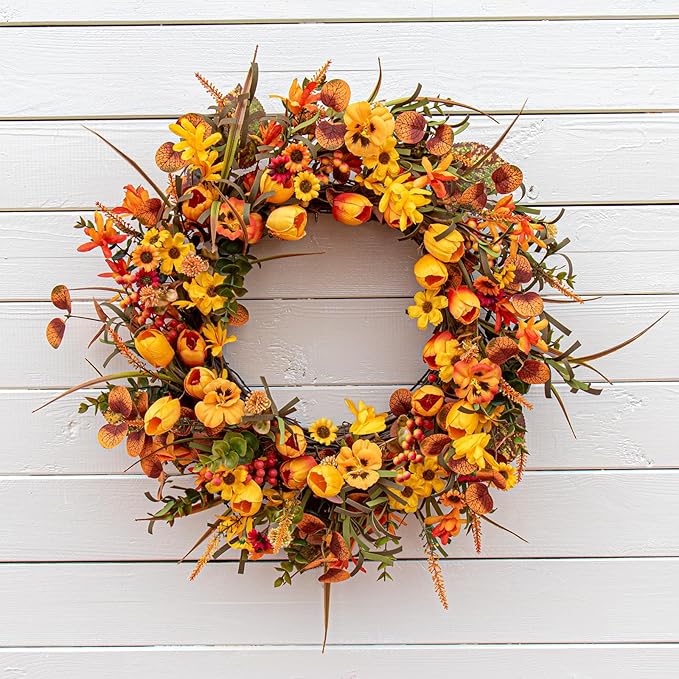 22 Inches Fall Wreaths for Front Door Rustic Autumn Wreath Farmhouse Fall Floral Wreaths with Tulips Orange Wildflowers for Wall Window Porch Indoor Outside-CasaMuseHome