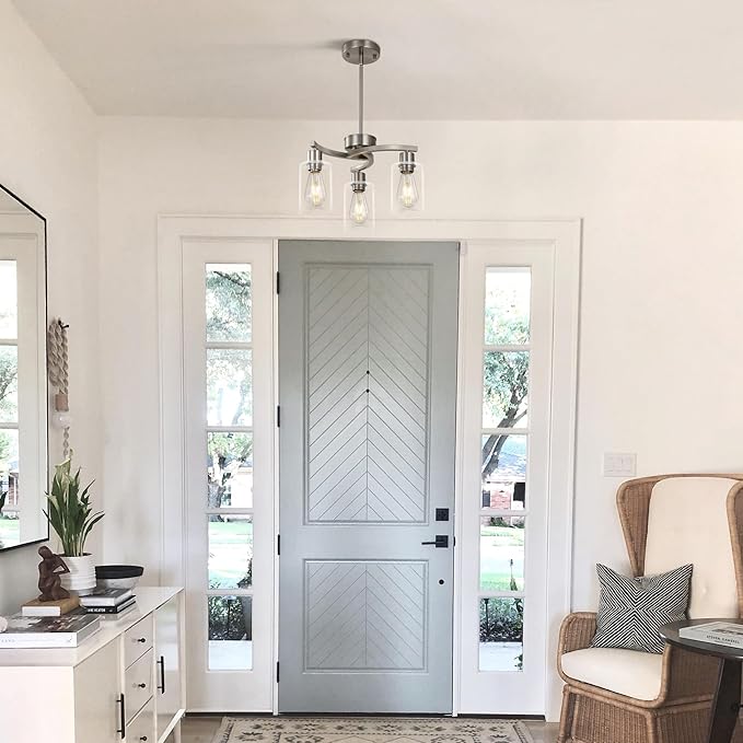 3-Light Brushed Nickel Dining Room Light Fixture,Modern Kitchen Chandeliers Over Table，Adjustable Height Industrial Hanging Pendant Lights for Kitchen Island with Glass Shade-CasaMuseHome